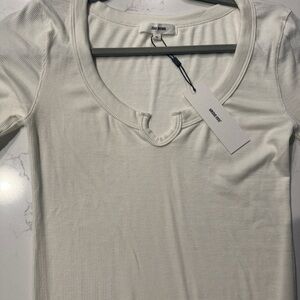 Joah Brown Cream Ribbed Scoop-Notch Short Sleeve Top